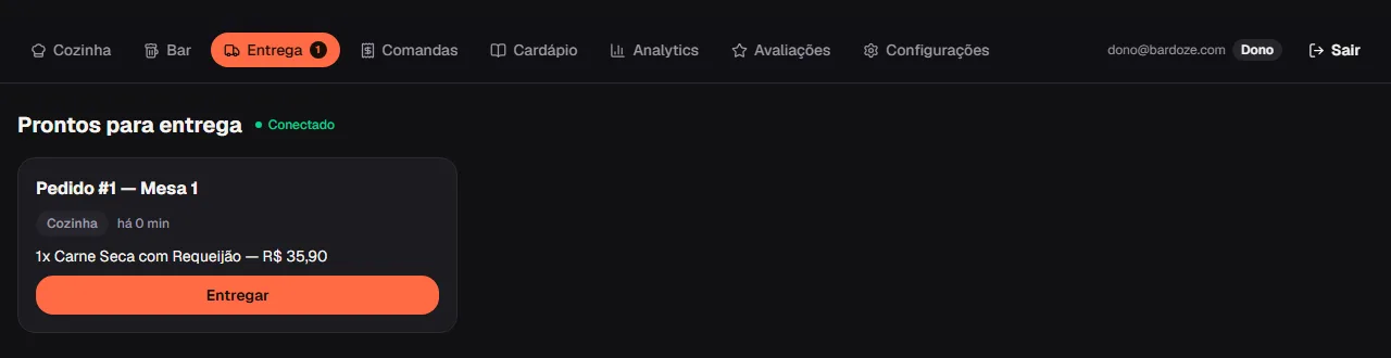 Painel de entrega mostrando um pedido pronto, com botão para marcar como entregue