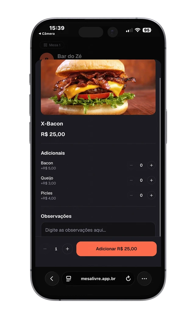 Tela de detalhe do X-Bacon no celular, com adicionais, observações e botão de adicionar